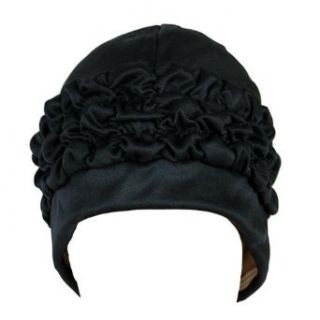 Black Bathing Turban Swim Cap With Ruffled Fabric
