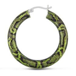 Miadora Sterling Silver Green Snake Print Hoop Earrings