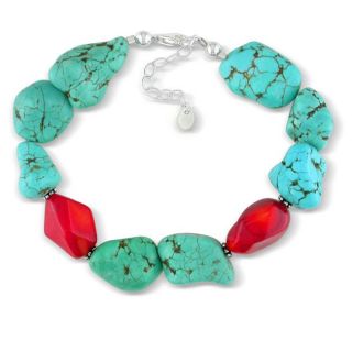 Sterling Silver Turquoise and Carnelian Nugget Bead Bracelet