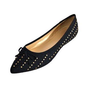  Black Pointed Ballet Flat Shoes Studs & Bow Size 9.5 Shoes