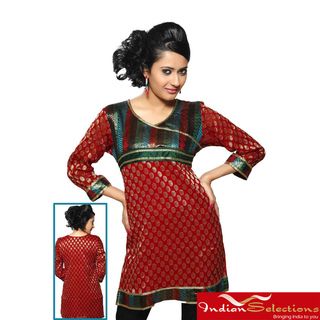 Womens Red Brocade Neckline and Lace Work Kurti/ Tunic (India