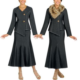 Divine Apparel Womens Fur Collar Black Denim Suit