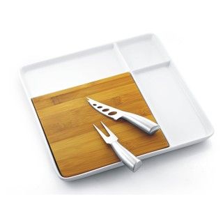 Porcelain Serving Tray with Bamboo Cutting Board and Steel Cutlery