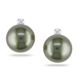 Miadora 14k White Gold Pearl and 1/10ct TDW Diamond Earrings (9 10MM