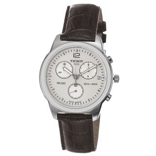 Tissot Mens PR 100 Silver Dial Brown Leather Strap Watch