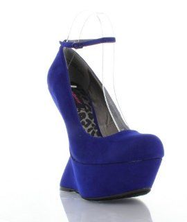 Wedge Pump Almond Toe With Ankle Strap Ultra High Suede BLUE Shoes