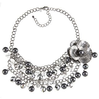 Roman Faux Black Pearl and Crystal Flower Bib Necklace