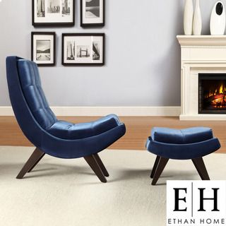 ETHAN HOME Albury Blue Velvet Curved Chair and Ottoman Set