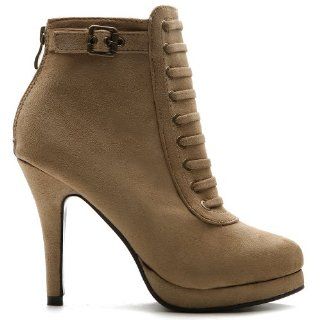 Faux Suede Military Lace Ups High Heels Buckle Ankle Boots Shoes