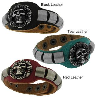 Genuine Colored Distressed Leather with Brushed Silvertone Skull
