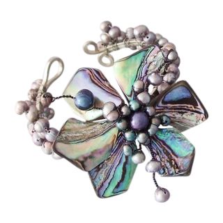 Silvertone Abalone and Black Pearl Floral Cuff (3 8 mm) (Thailand