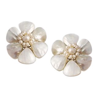 White Mother of Pearl Flower Clip on Earrings (Thailand)