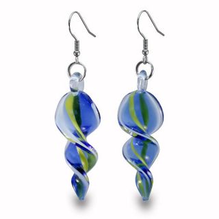 Stainless Steel Yellow and Blue Swirl Design Glass Earrings