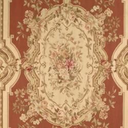 Hand knotted French Aubusson Burgundy/ Ivory Wool Rug (12 x 18