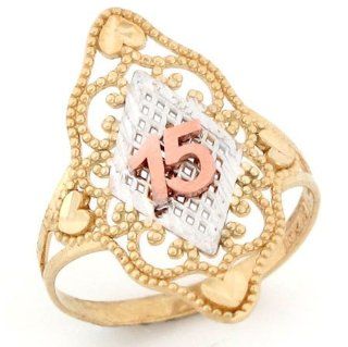 14K Two Tone Gold 15 Anos Quinceanera Filigree Ring