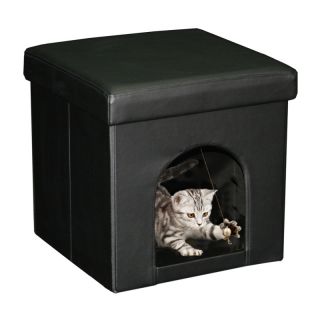 Black Compact Faux leather Hardboard Ottoman with Small Pet Space