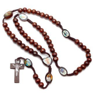 Light Brown Wooden Bead Rosary With Seven Saint Picture