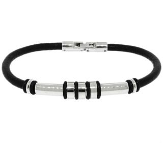 Two tone Stainless Steel and Black Leather Bracelet