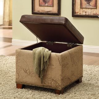 Antique Brown Natural Jute and Leather Storage Ottoman