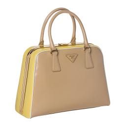 Prada Beige/ Yellow Leather Pyramid Frame Bowler Bag