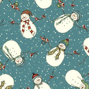 Fresh Fallen Snow Snowman Teal Flannel Fabric Arts