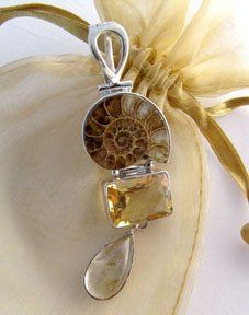 .925 Sterling Silver, Ammonite, Citrine and Rutilated