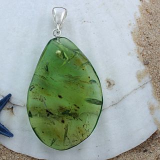 Sterling Silver Green Amber Freeform Pendant (Lithuania)