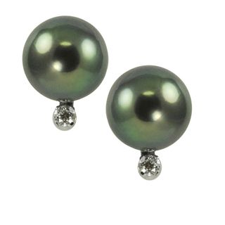 14k White Gold Black Tahitian Pearl and Diamond Stud Earrings (9 10 mm