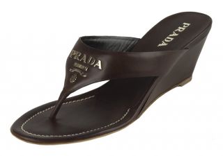 Prada Dark Brown Leather Logo Wedge Thong Sandals