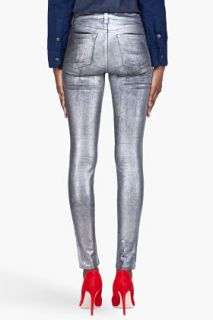 J Brand Silver Metallic Coated Stretch Jeans for women