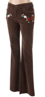 Womens Brown Embroidered Corduroy Pants