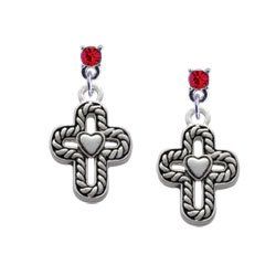 Cross with Rope Border and Heart Red Swarovski Charm