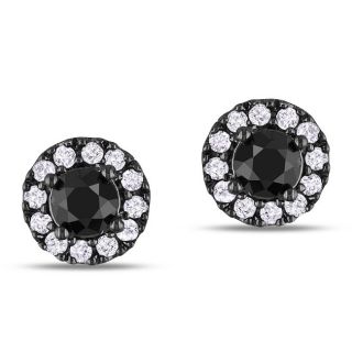 Miadora Sterling Silver 1ct TDW Black and White Diamond Halo Earrings
