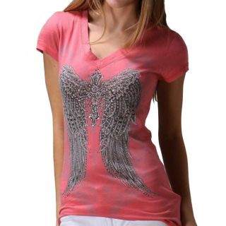 Cotty On Coral Cotton Rhinestone Wings V neck Tee