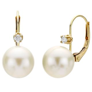 DaVonna 14k Gold 9 10mm Akoya Pearl and Diamond Earrings with Gift Box