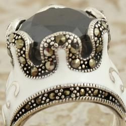Sterling Silver Onyx and Marcasite Crown Ring (Thailand)